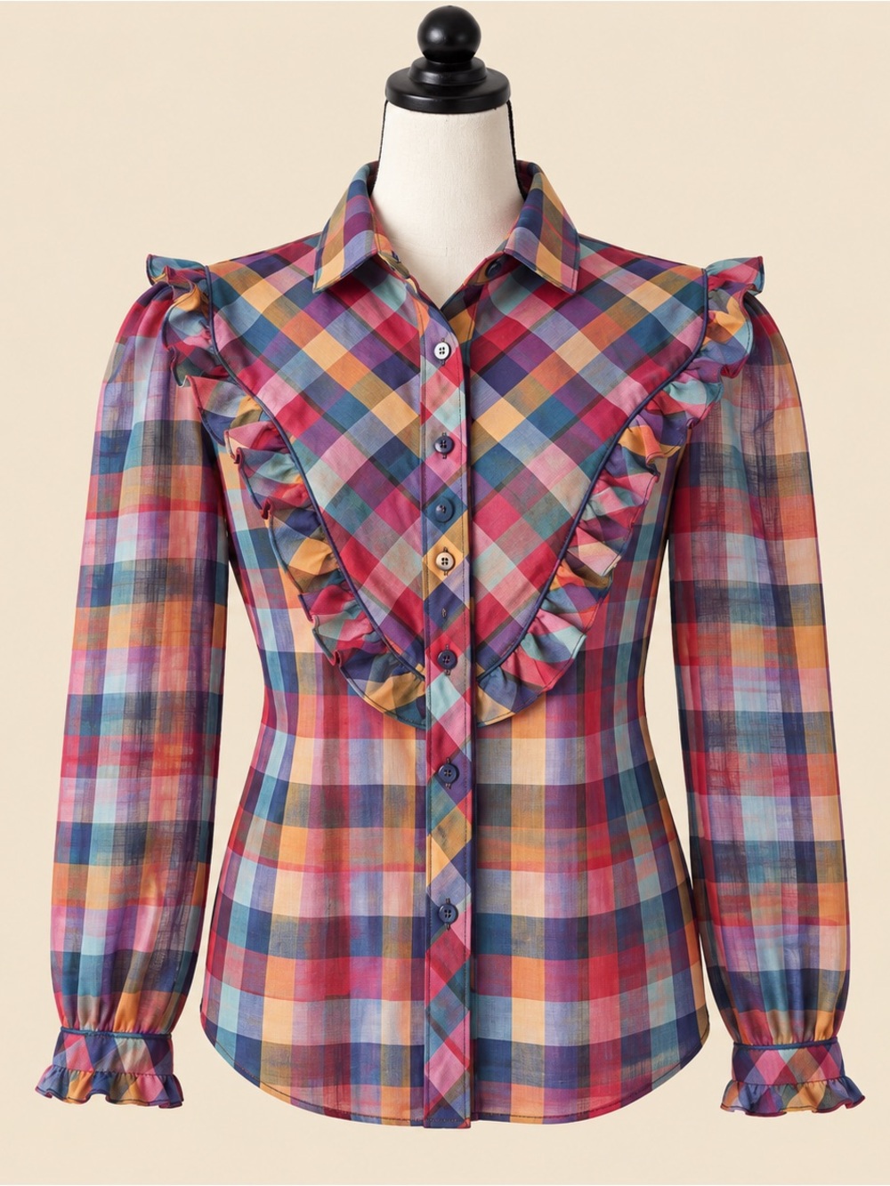90s Vintage Western Colourful Check Ruffle Blouse L